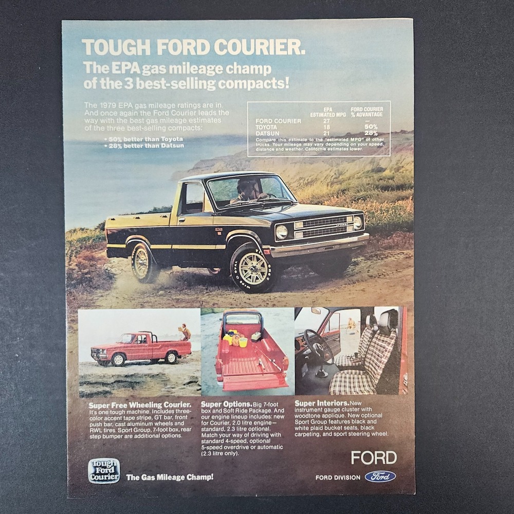1979 Ford‎ Courier Tough Small Truck Gas Mileage Champ Vintage Print Ad Beach